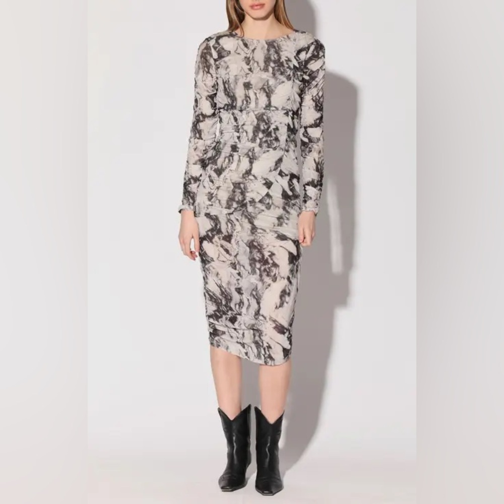 NWT Walter Baker Josey Marble Black White Long Sleeve Midi Sheath Dress XS